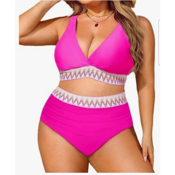 Yonique Womens Plus Size 16W Two-Piece Bikini High-Waisted Swimsuit Zigzag Sexy - Picture 1 of 11